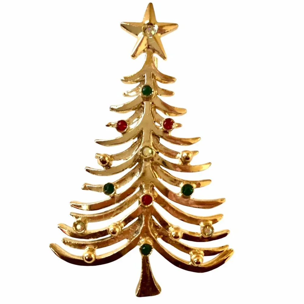 Tancer II Christmas Tree Brooch Vintage Signed Gold-tone Rhinestones